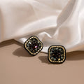 Black Mosaic Faceted Square Gold Tone Stud Earrings view 1