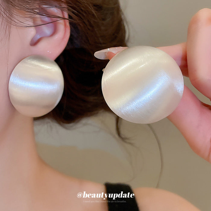 Oversized Brushed Round Metal Stud Earrings in Silver Tone