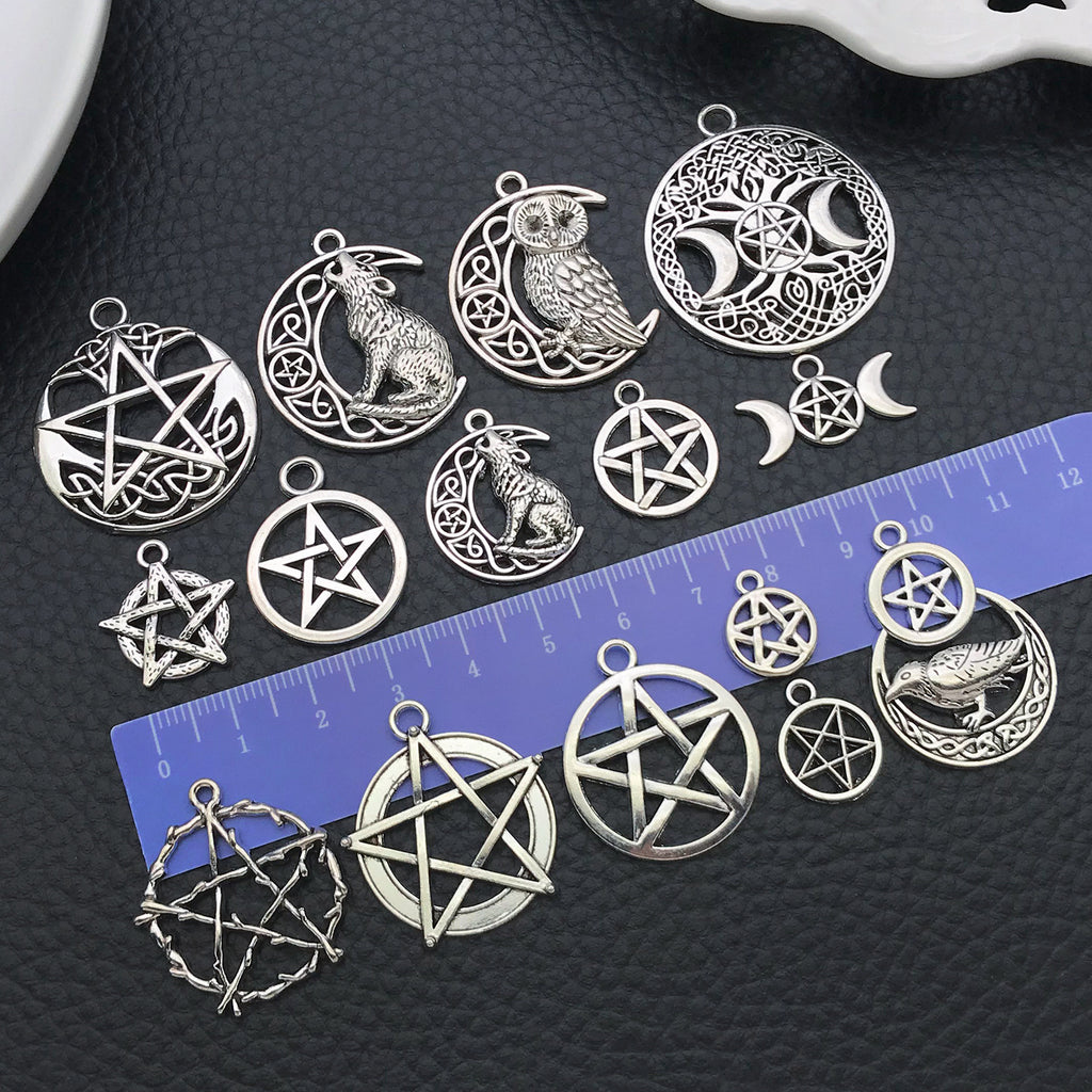 Antique Silver Zinc Alloy Pentagram Wolf Owl Hollow Star Cat Charm Pendant for DIY Necklace