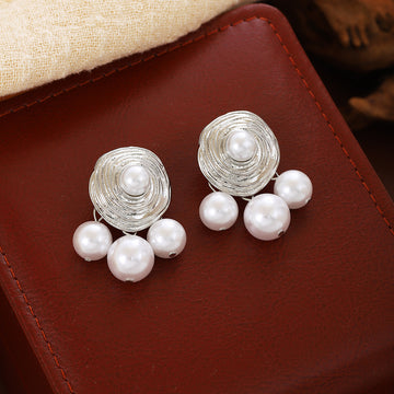 Silver Wire Rosette Pearl Look Cluster Stud Earrings