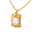 Gold Wavy Square Faux Pearl Pendant Chain Necklace view 5
