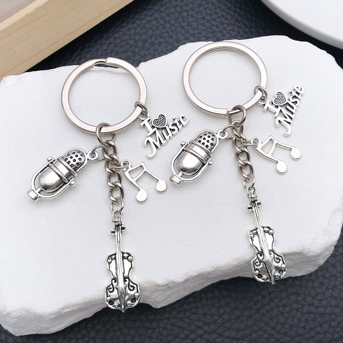 Silver Tone Violin Microphone and Music Note Keychain