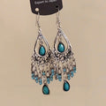 Blue Teardrop Chandelier Hook Earrings with Silver Tone Filigree view 4