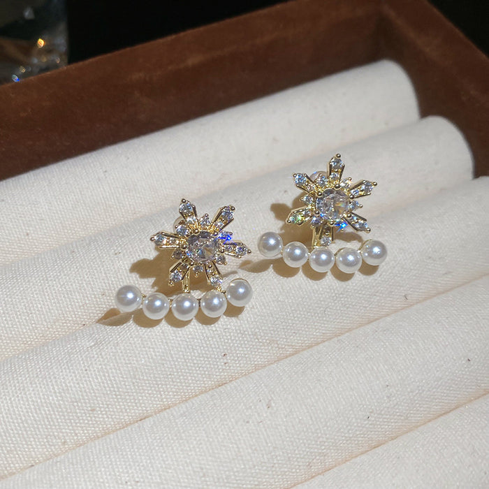 Snowflake and Pearl Stud Earrings in Gold or Silver Tone