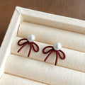 Burgundy Red Enamel Bow Heart Flower Pearl Earrings view 8