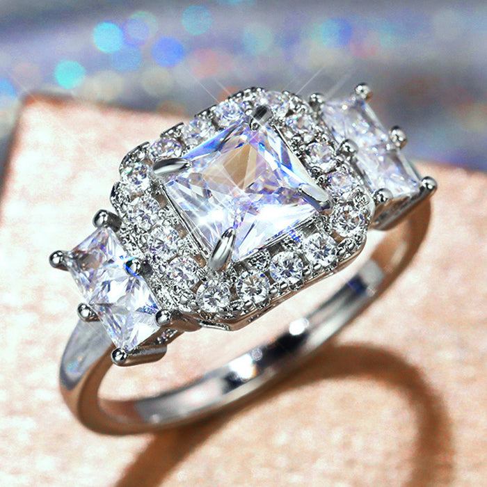 Silver Tone Princess Cut Clear Stone Halo Ring Statement Jewelry
