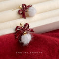 Burgundy Bow Drop Earrings White Fluffy Pom Ball Posts view 4