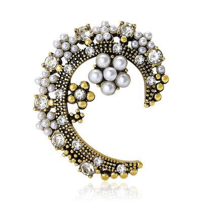 Pearl and Crystal Crescent Floral Brooch in Two Finishes grouped product view