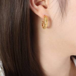 Gold Steel Textured Crescent Hoop Stud Earrings Dimple Finish