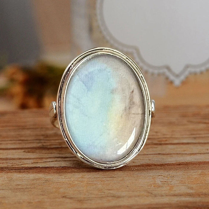 Antique Silver Oval Cabochon Moonstone-Look Ring Sizes 6-10