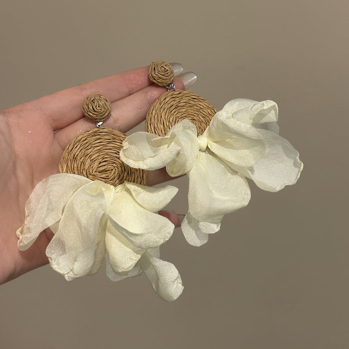 Raffia and Fabric Flower Statement Earrings in Two Colors
