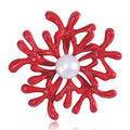 Red Enamel Coral Branch Brooch White Pearl Center Pin view 1