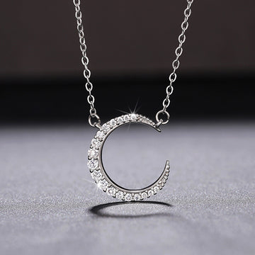 Silver Tone Open Crescent Moon Clear Stone Pendant Necklace