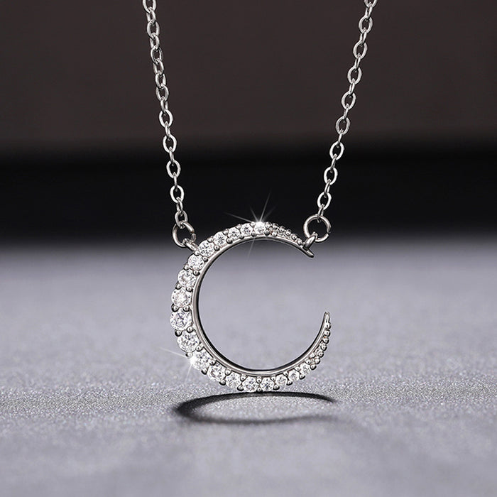Silver Tone Open Crescent Moon Clear Stone Pendant Necklace