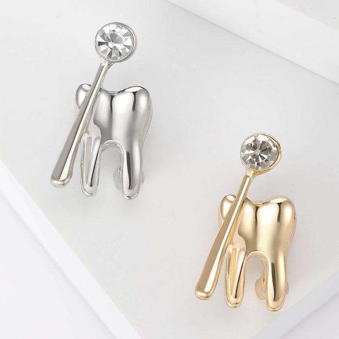 Dentist Tooth and Mirror Brooch in Two Metal Tones