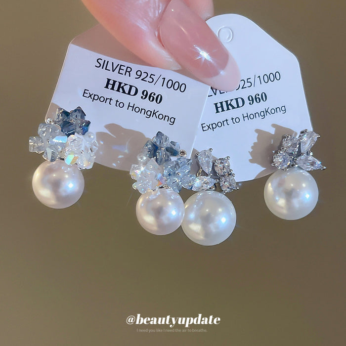Silver Tone Crystal Cluster Faux Pearl Drop Stud Earrings