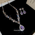 Silver Purple Teardrop Crystal Necklace Stud Earrings Set view 3