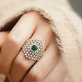 Green Square Stone Multi-Layer Burst Statement Ring In Silver Tone view 1