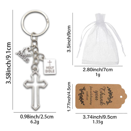 Printed measurement chart shows the cross dove and Bible charm keychain and supplied packaging specifications.