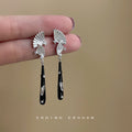 Silver Tone Fan Top And Black Long Teardrop Stud Earrings view 1