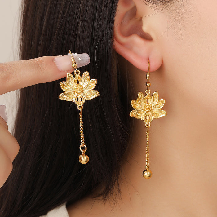 Gold Lotus Flower and Ball Chain Tassel Hook Earrings