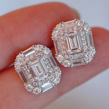 Rectangular Baguette Cluster Stud Earrings In Silver Tone