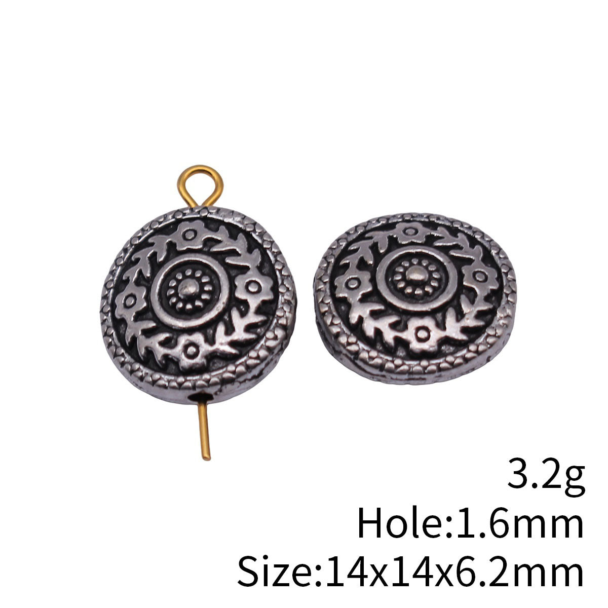 14x14x6.2mm 3.2g Antique Silver Zinc Alloy Floral Pattern Round Spacer Flower Beads for Bracelet Making