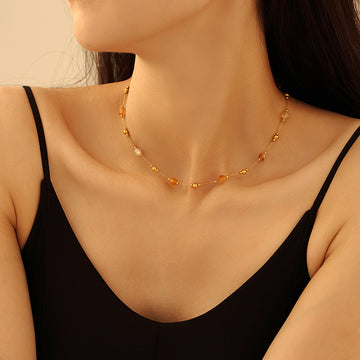 Gold Natural Stone Bead Necklace Matching Bracelet Set