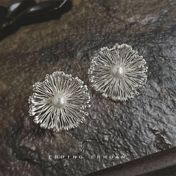 Silver Tone Radiating Wire Flower And White Pearl Stud Earrings