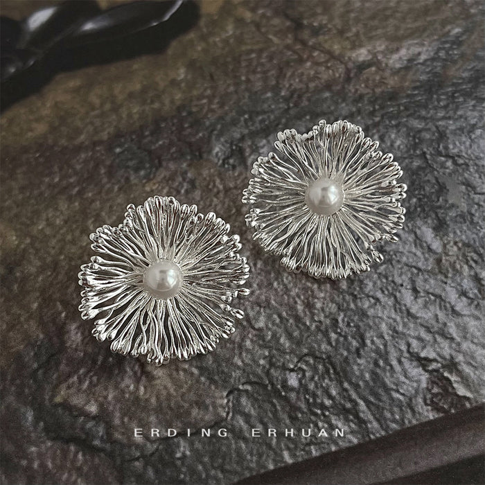 Silver Tone Radiating Wire Flower And White Pearl Stud Earrings