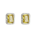 Silver Tone Yellow Rectangle Stone Clear Halo Stud Earrings view 5
