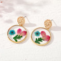 Gold Tone Round Pressed Flower Drop Stud Earrings in Six Designs view 2