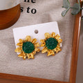 Gold Leaf Flower Stud Earrings Green and Red Cabochons view 4