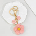 Pink Knit Texture Flower Keychain With Bell And Key Ring view 2