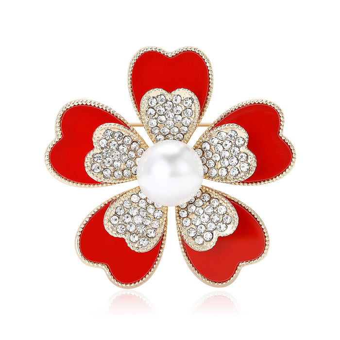 Five Petal Flower Brooch with Polished Metal and Decorative Accents