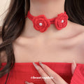 Red Crochet Flower Cord Necklace With Pearl Centers view 3