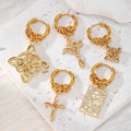 Gold Tone Tarot Cross and Celtic Knot Multi Charm Hoop Earrings view 1