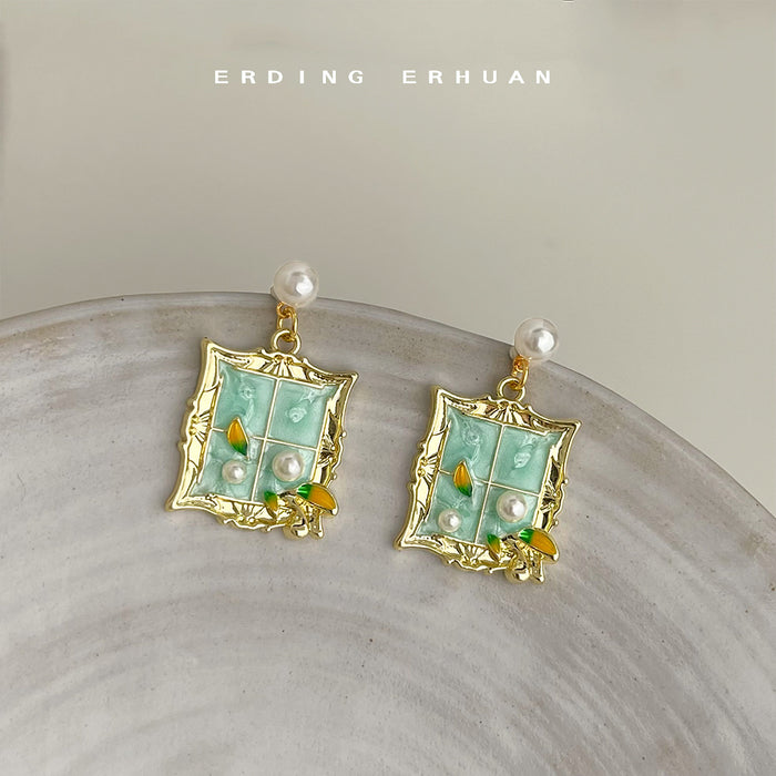 Gold Pearl Mint Enamel Window Frame Dangle Earrings