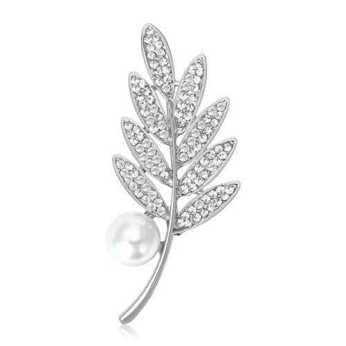 Silver tone rhinestone leaf spray brooch with white pearl accent