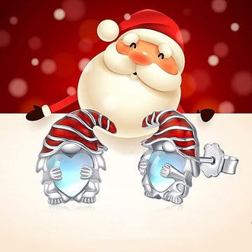 Silver Tone Santa Gnome Stud Earrings with Red Enamel Hats