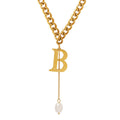 Letter B Cuban Chain Pearl Drop Necklace Gold Steel Tone view 5