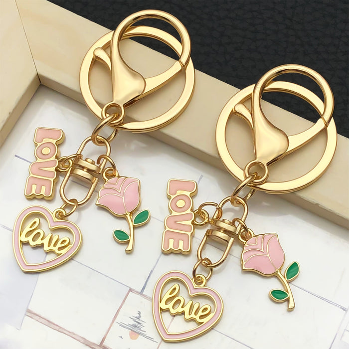 Pink Love Rose and Heart Metal Keychain Collection