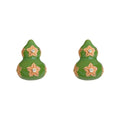 Green Enamel Gourd Stud Earrings Gold Flower Accents view 5