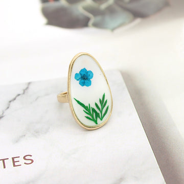 Gold Tone Long Oval Pressed Flower Statement Rings in Three Colors
