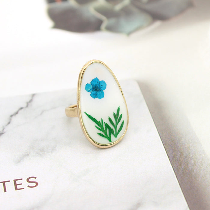 Gold Tone Long Oval Pressed Flower Statement Rings in Three Colors