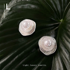 Silver Layered Ruffle Disc Pearl Center Stud Earrings