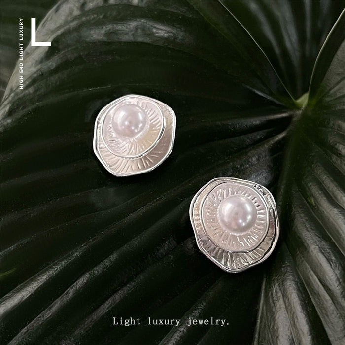 Silver Layered Ruffle Disc Pearl Center Stud Earrings