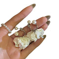 White Fabric Flower Hoop Drop Earrings with Reflective Details view 5
