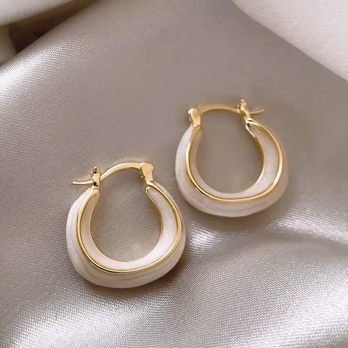 Gold Tone Double Hoop Earrings with Beige Enamel Finish
