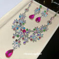 Silver Multicolor Flower Gem Necklace and Drop Earrings view 1